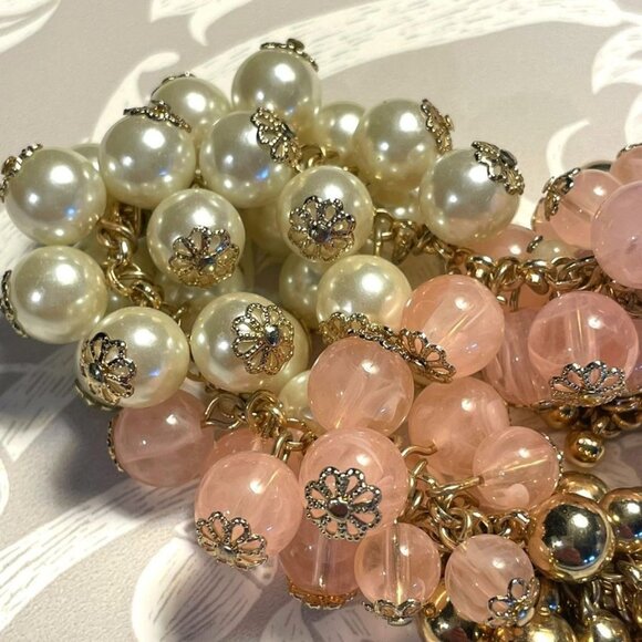 Gold Pink Cream Layered Bauble Necklace Caroline C Estate Collection Piece - Picture 3 of 10